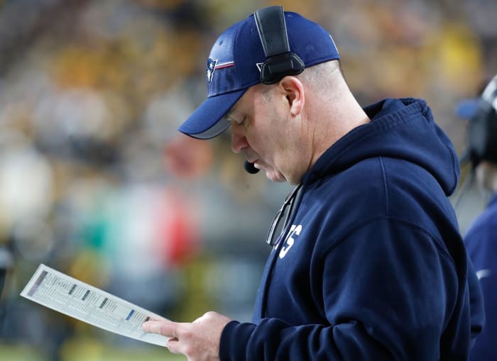 Dec 7, 2023; Pittsburgh, Pennsylvania, USA; New England Patriots offensive coordinator Bill O'Brien on the sidelines against the Pittsburgh Steelers during the second quarter at Acrisure Stadium.